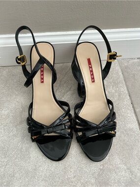 Prada Linea Rossa Black Patent Leather Cork Wedge Sandals Size 38 US 8